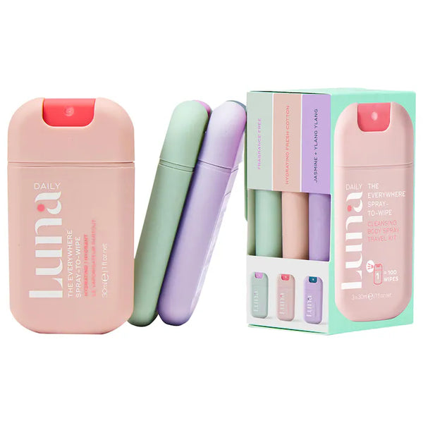 PREORDEN Luna diaria 
El set de vacaciones Mini Trio Spray-to-Wipe de Everywhere